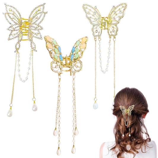 3er Set Schmetterlings-Haarclips mit Quasten und Strass – Goldfarbene Metall-Haarklammern für Frauen und Mädchen