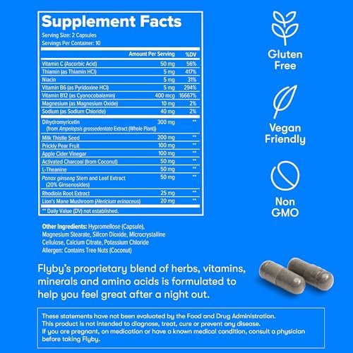 Flyby Recovery Supplement mit DHM – Vor und nach dem Trinken: Kapseln mit Mariendistel, Vitamin C, B-Vitaminen, Ginseng, Aktivkohle – Hergestellt in den USA, 20 Stück