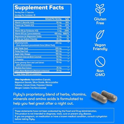 Flyby Recovery Supplement mit DHM – Vor und nach dem Trinken: Kapseln mit Mariendistel, Vitamin C, B-Vitaminen, Ginseng, Aktivkohle – Hergestellt in den USA, 20 Stück