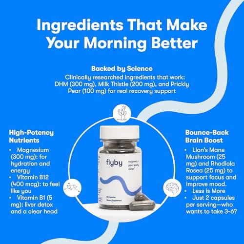 Flyby Recovery Supplement mit DHM – Vor und nach dem Trinken: Kapseln mit Mariendistel, Vitamin C, B-Vitaminen, Ginseng, Aktivkohle – Hergestellt in den USA, 20 Stück
