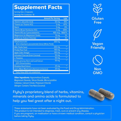 Flyby Recovery Supplement mit DHM – Vor und nach dem Trinken: Kapseln mit Mariendistel, Vitamin C, B-Vitaminen, Ginseng, Aktivkohle – Hergestellt in den USA, 20 Stück