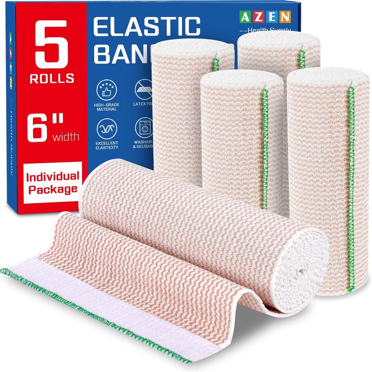 AZEN Premium 5er-Pack elastische Binde 15 cm, Kompressionswickel für Beine, Knöchel, Knie, Bauch, Körper, latexfrei, Lymphödem-Wickel für Beine