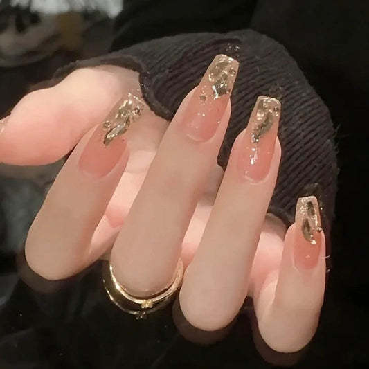 Hkanlre Glitzernde Sarg-Press-On-Nägel – 24-teiliges Set, mittellange Fake Nails mit Farbverlauf (Gold Sarg)