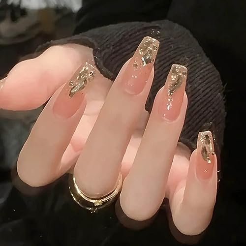 Hkanlre Glitzernde Sarg-Press-On-Nägel – 24-teiliges Set, mittellange Fake Nails mit Farbverlauf (Gold Sarg)
