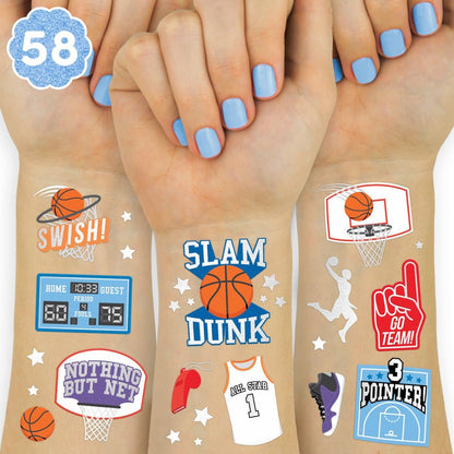 xo, Fetti Basketball Temporäre Tattoos – 58 Folien-Designs | Basketball-Geburtstagsparty-Dekorationen, Partygeschenke, für Jungen und Mädchen, Slam Dunk, Teambag, MVP