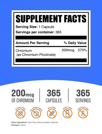 BulkSupplements.com Chrompicolinat Kapseln - Chrom Nahrungsergänzungsmittel, Mineralstoffergänzung - Glutenfrei, 1 Kapsel pro Portion, 365 Stück (Packung mit 1)