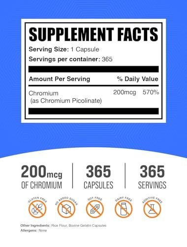 BulkSupplements.com Chrompicolinat Kapseln - Chrom Nahrungsergänzungsmittel, Mineralstoffergänzung - Glutenfrei, 1 Kapsel pro Portion, 365 Stück (Packung mit 1)
