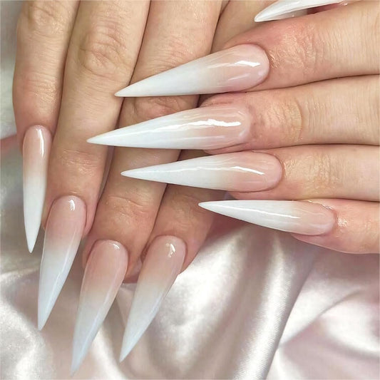 Extra Lange Press-on-Nägel Stiletto French Tip Verlauf Pink zu Weiß, 24 Stück – Fake Nägel für Frauen und Mädchen