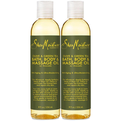 SheaMoisture Olive & Green Tea Bath-, Körper- & Massageöl 2er-Pack – mit Avocadoöl, Anti-Aging & ultra-feuchtigkeitsspendend für trockene Haut, 2 x 236 ml