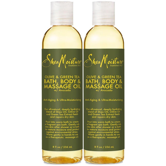 SheaMoisture Olive & Green Tea Bath-, Körper- & Massageöl 2er-Pack – mit Avocadoöl, Anti-Aging & ultra-feuchtigkeitsspendend für trockene Haut, 2 x 236 ml