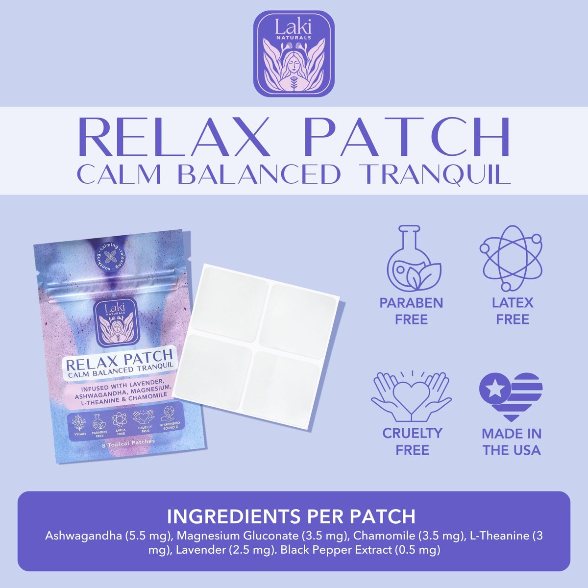 Laki Naturals Relax Patch (1 Count, Pack of 8) | Pflaster mit natürlichen pflanzlichen Inhaltsstoffen gegen Stress und Sorgen | Beruhigende Formel für besseren Schlaf