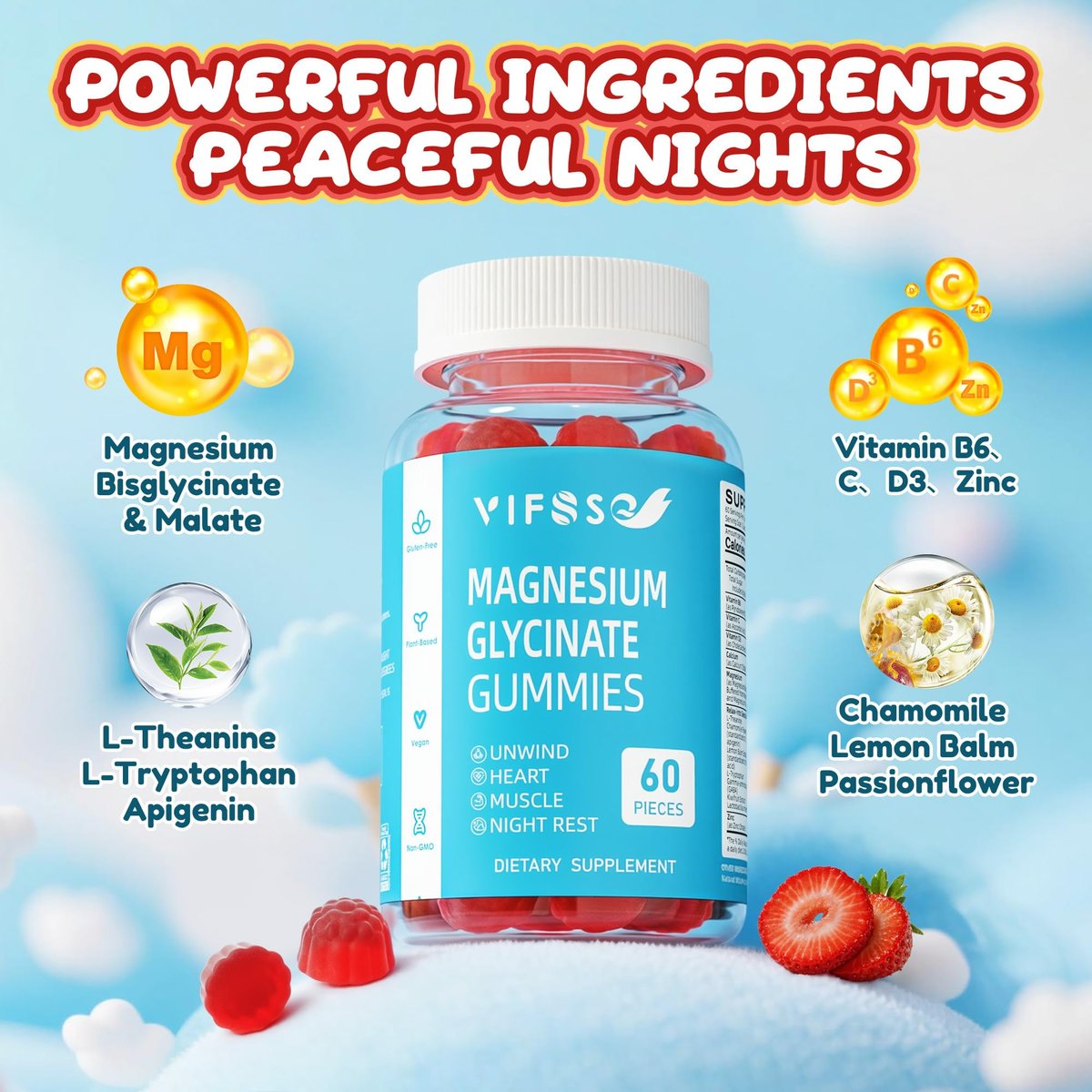 VIFSSG Zuckerfreie Magnesiumglycinat Gummis 400mg für Erwachsene & 200mg für Kinder, Bisglycinat Präparat mit L-Theanin, Kamille, Melisse, Erdbeergeschmack, 2er-Pack (120 Gummis)