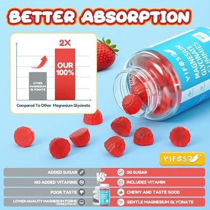 VIFSSG Zuckerfreie Magnesiumglycinat Gummis 400mg für Erwachsene & 200mg für Kinder, Bisglycinat Präparat mit L-Theanin, Kamille, Melisse, Erdbeergeschmack, 2er-Pack (120 Gummis)