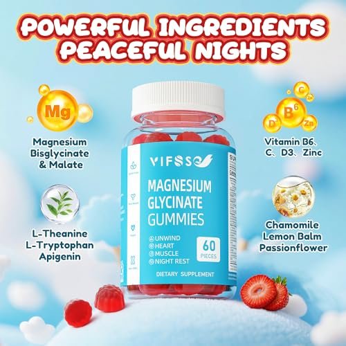 VIFSSG Zuckerfreie Magnesiumglycinat Gummis 400mg für Erwachsene & 200mg für Kinder, Bisglycinat Präparat mit L-Theanin, Kamille, Melisse, Erdbeergeschmack, 2er-Pack (120 Gummis)