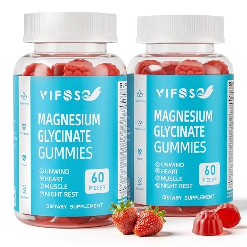 VIFSSG Zuckerfreie Magnesiumglycinat Gummis 400mg für Erwachsene & 200mg für Kinder, Bisglycinat Präparat mit L-Theanin, Kamille, Melisse, Erdbeergeschmack, 2er-Pack (120 Gummis)