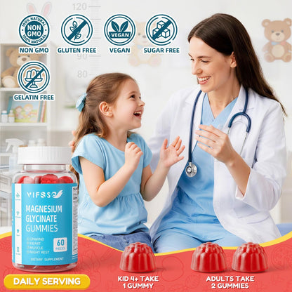 VIFSSG Zuckerfreie Magnesiumglycinat Gummis 400mg für Erwachsene & 200mg für Kinder, Bisglycinat Präparat mit L-Theanin, Kamille, Melisse, Erdbeergeschmack, 2er-Pack (120 Gummis)