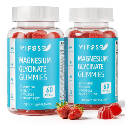 VIFSSG Zuckerfreie Magnesiumglycinat Gummis 400mg für Erwachsene & 200mg für Kinder, Bisglycinat Präparat mit L-Theanin, Kamille, Melisse, Erdbeergeschmack, 2er-Pack (120 Gummis)