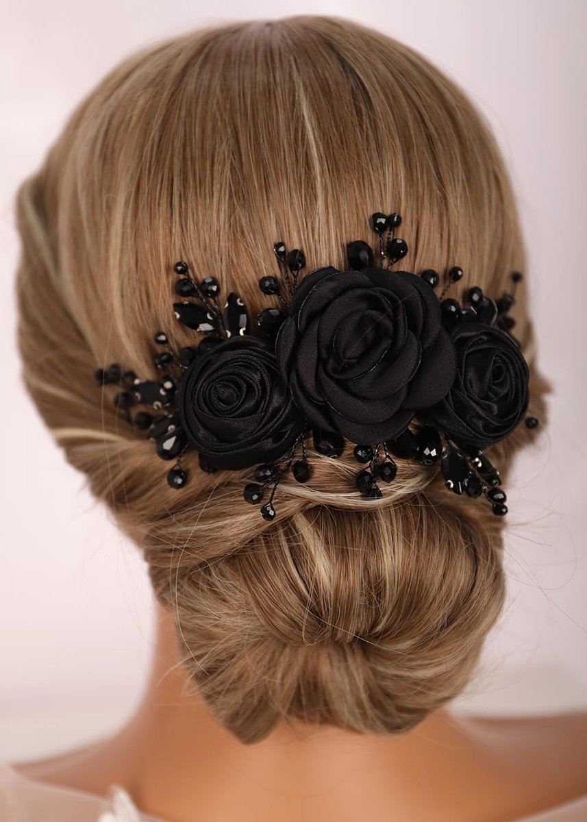 Kercisbeauty Sofe Chiffon Schwarze Rosen-Blumen-Stirnband mit Strass und Kristallperlen – Handgefertigter Haarschmuck für Damen und Mädchen, Hochzeitshaaraccessoire