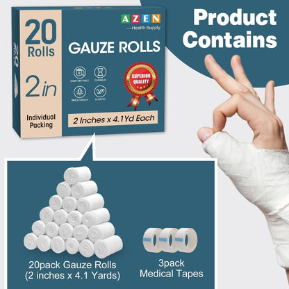 AZEN 20er-Pack Mullbinden, 5 cm x 3,7 m, Premium-Verbandsmaterial & Erste-Hilfe-Zubehör, elastische Binden