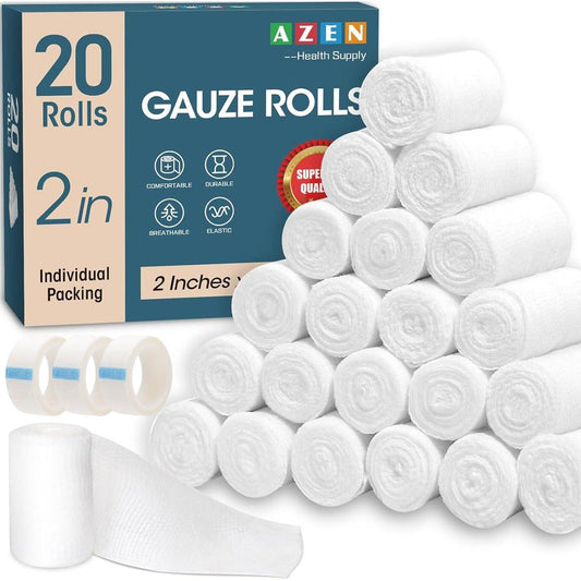 AZEN 20er-Pack Mullbinden, 5 cm x 3,7 m, Premium-Verbandsmaterial & Erste-Hilfe-Zubehör, elastische Binden
