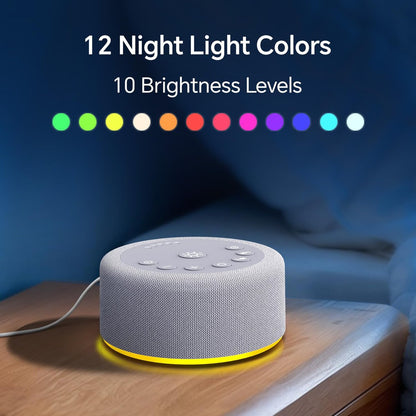 Hushing Schlafmaschine mit Nachtlicht - Weißes Rauschen, 30 beruhigende Klänge, 12 Lichter, 5 Timer, Lautstärkeregler, Gedächtnisfunktion - für Babys, Kinder, Erwachsene, Zuhause, Büro, Reisen