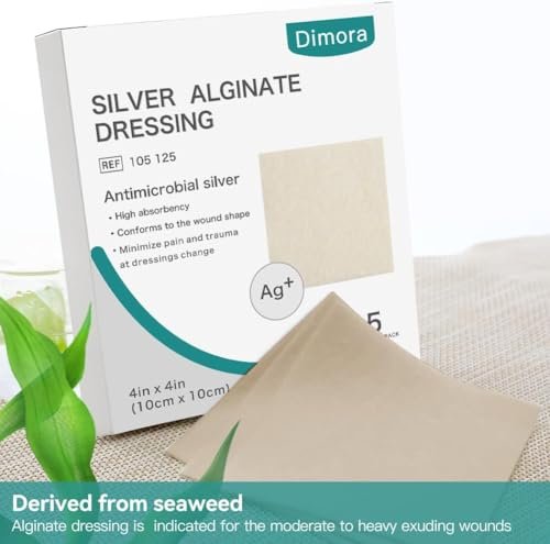 Dimora Upgrade Silber Calcium-Alginat Wundverband – Antibakterielle, nicht haftende Gaze, hochsaugfähige sterile Bindenpads, 10x10 cm, 5er-Pack