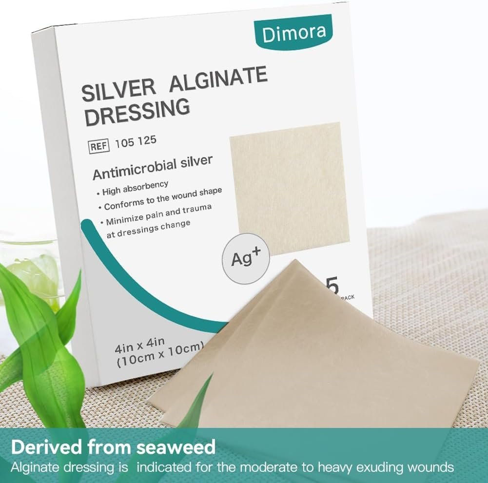 Dimora Upgrade Silber Calcium-Alginat Wundverband – Antibakterielle, nicht haftende Gaze, hochsaugfähige sterile Bindenpads, 10x10 cm, 5er-Pack