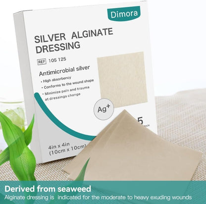 Dimora Upgrade Silber Calcium-Alginat Wundverband – Antibakterielle, nicht haftende Gaze, hochsaugfähige sterile Bindenpads, 10x10 cm, 5er-Pack