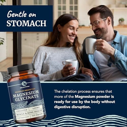 Magnesiumglycinat 400mg | Hochabsorbierendes Chelat für Schlaf, Ruhe, Muskelentspannung, Herz-, Knochen- und Nervenunterstützung | 120 Kapseln (2-Monats-Vorrat)