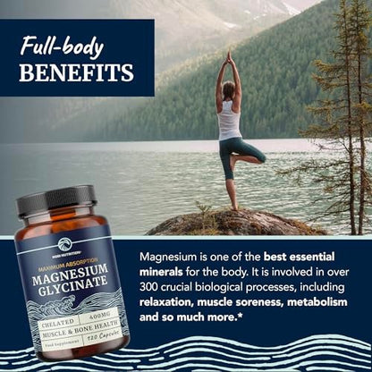 Magnesiumglycinat 400mg | Hochabsorbierendes Chelat für Schlaf, Ruhe, Muskelentspannung, Herz-, Knochen- und Nervenunterstützung | 120 Kapseln (2-Monats-Vorrat)