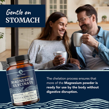 Magnesiumglycinat 400mg | Hochabsorbierendes Chelat für Schlaf, Ruhe, Muskelentspannung, Herz-, Knochen- und Nervenunterstützung | 120 Kapseln (2-Monats-Vorrat)