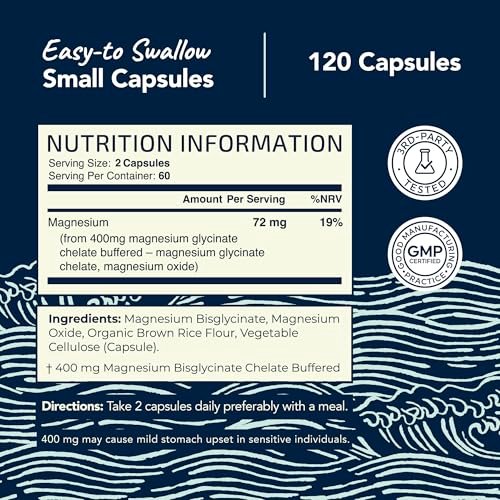 Magnesiumglycinat 400mg | Hochabsorbierendes Chelat für Schlaf, Ruhe, Muskelentspannung, Herz-, Knochen- und Nervenunterstützung | 120 Kapseln (2-Monats-Vorrat)