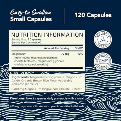 Magnesiumglycinat 400mg | Hochabsorbierendes Chelat für Schlaf, Ruhe, Muskelentspannung, Herz-, Knochen- und Nervenunterstützung | 120 Kapseln (2-Monats-Vorrat)