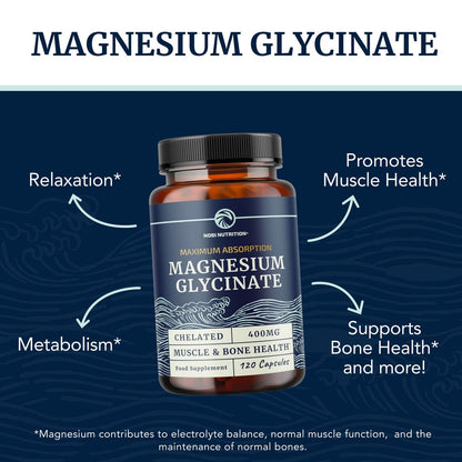 Magnesiumglycinat 400mg | Hochabsorbierendes Chelat für Schlaf, Ruhe, Muskelentspannung, Herz-, Knochen- und Nervenunterstützung | 120 Kapseln (2-Monats-Vorrat)