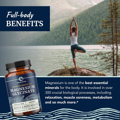 Magnesiumglycinat 400mg | Hochabsorbierendes Chelat für Schlaf, Ruhe, Muskelentspannung, Herz-, Knochen- und Nervenunterstützung | 120 Kapseln (2-Monats-Vorrat)
