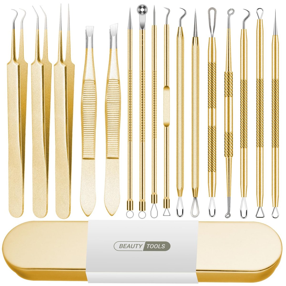Mitesser Entferner Werkzeug Set, 16-teiliges Pickel Quetscher Kit, Pinzetten Set für Augenbrauen Haarentfernung, Pickel, Mitesser, Whiteheads, Zysten Entfernungswerkzeug, für Nase Gesicht Schönheitswerkzeuge (Gold)