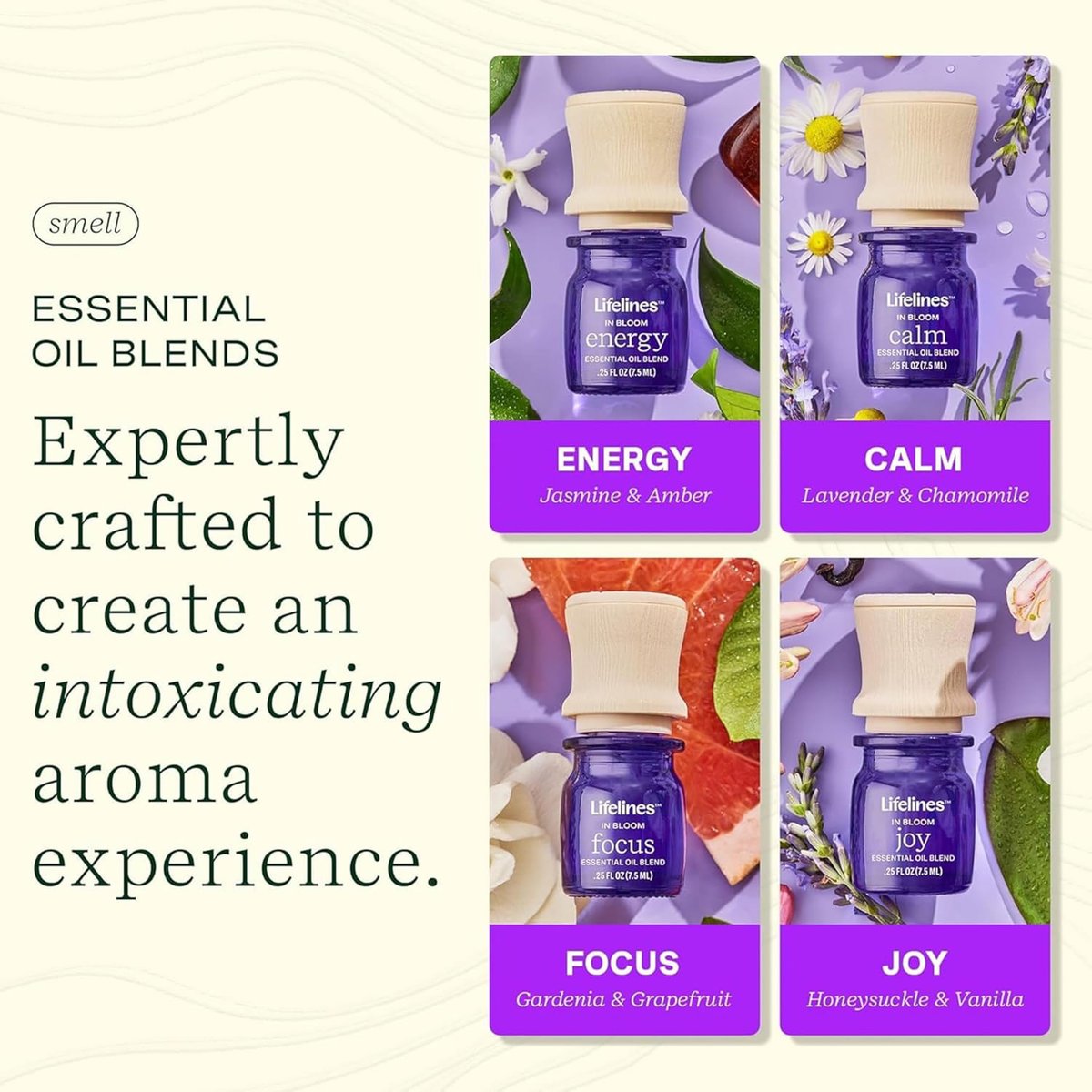 Lifelines Ätherische Öl-Mischungen, 4er-Pack – Premium Blended Öle mit Präzisionspumpe für Aromatherapie-Diffuser – Lang anhaltender Duft – In Bloom (Freude, Ruhe, Fokus & Energie)