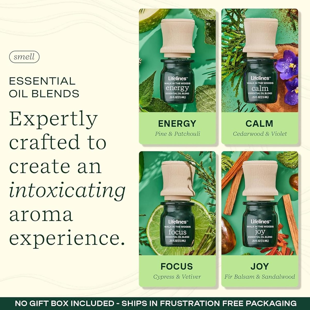 Lifelines Ätherische Ölmischungen, 4er-Pack – Gemischte ätherische Öle mit Präzisionspumpe für Aromatherapie-Diffuser – langanhaltender Duft – Walk in The Woods (Joy, Calm, Focus & Energy)