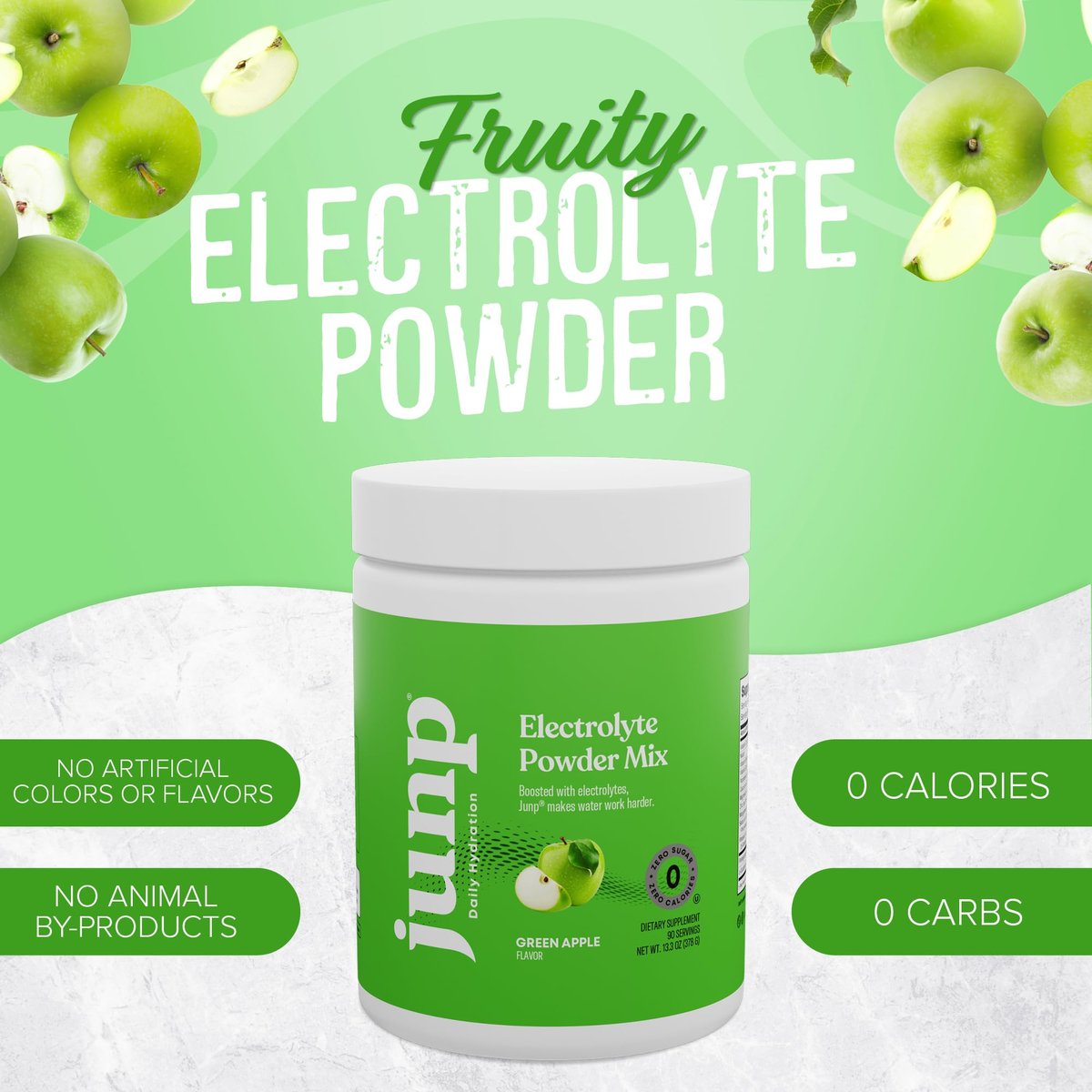 JUNP Elektrolytpulver Ohne Zucker Ohne Kohlenhydrate – Erfrischender Grüner Apfel Geschmack, Keto Electrolyte Drink Mix, Kalium & Salz Hydrationspulver, Null Kalorien Zuckerfrei, 90 Portionen