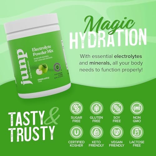 JUNP Elektrolytpulver Ohne Zucker Ohne Kohlenhydrate – Erfrischender Grüner Apfel Geschmack, Keto Electrolyte Drink Mix, Kalium & Salz Hydrationspulver, Null Kalorien Zuckerfrei, 90 Portionen