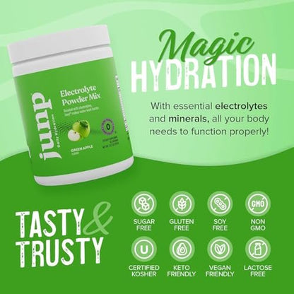 JUNP Elektrolytpulver Ohne Zucker Ohne Kohlenhydrate – Erfrischender Grüner Apfel Geschmack, Keto Electrolyte Drink Mix, Kalium & Salz Hydrationspulver, Null Kalorien Zuckerfrei, 90 Portionen
