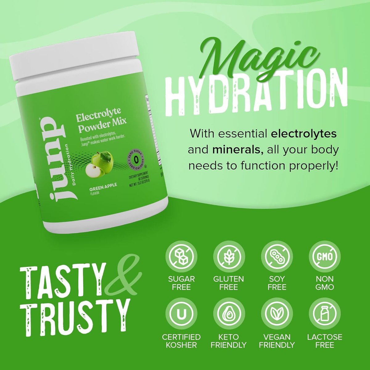 JUNP Elektrolytpulver Ohne Zucker Ohne Kohlenhydrate – Erfrischender Grüner Apfel Geschmack, Keto Electrolyte Drink Mix, Kalium & Salz Hydrationspulver, Null Kalorien Zuckerfrei, 90 Portionen