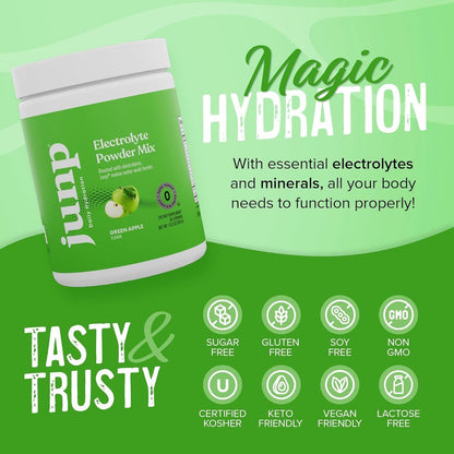 JUNP Elektrolytpulver Ohne Zucker Ohne Kohlenhydrate – Erfrischender Grüner Apfel Geschmack, Keto Electrolyte Drink Mix, Kalium & Salz Hydrationspulver, Null Kalorien Zuckerfrei, 90 Portionen