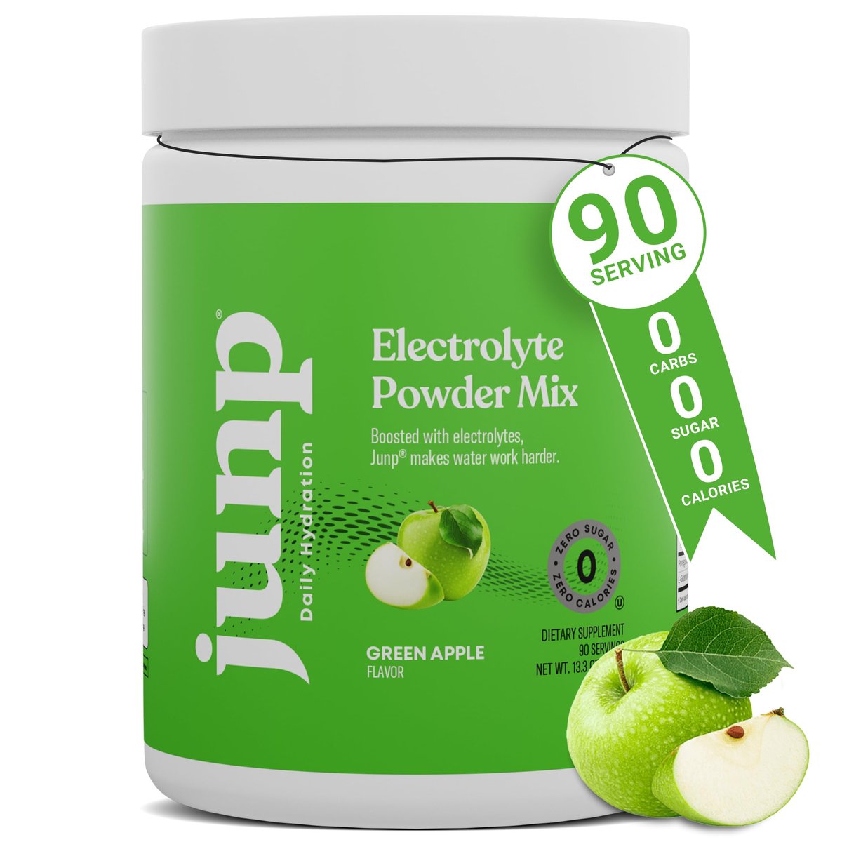 JUNP Elektrolytpulver Ohne Zucker Ohne Kohlenhydrate – Erfrischender Grüner Apfel Geschmack, Keto Electrolyte Drink Mix, Kalium & Salz Hydrationspulver, Null Kalorien Zuckerfrei, 90 Portionen