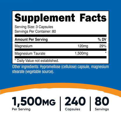 Nutricost Magnesium Taurat 1.500 mg – 240 Kapseln, vegan, glutenfrei, non-GMO, 80 Portionen