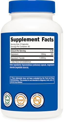 Nutricost Magnesium Taurat 1.500 mg – 240 Kapseln, vegan, glutenfrei, non-GMO, 80 Portionen