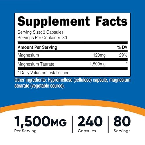 Nutricost Magnesium Taurat 1.500 mg – 240 Kapseln, vegan, glutenfrei, non-GMO, 80 Portionen