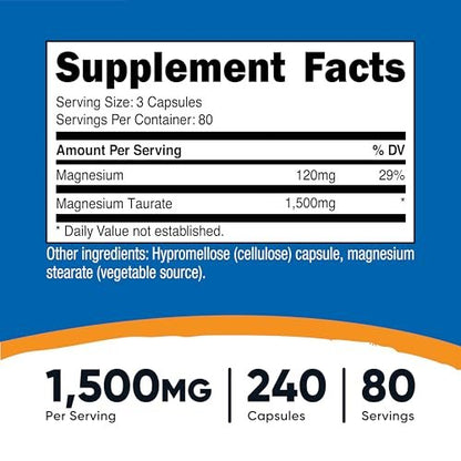 Nutricost Magnesium Taurat 1.500 mg – 240 Kapseln, vegan, glutenfrei, non-GMO, 80 Portionen