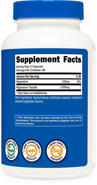 Nutricost Magnesium Taurat 1.500 mg – 240 Kapseln, vegan, glutenfrei, non-GMO, 80 Portionen
