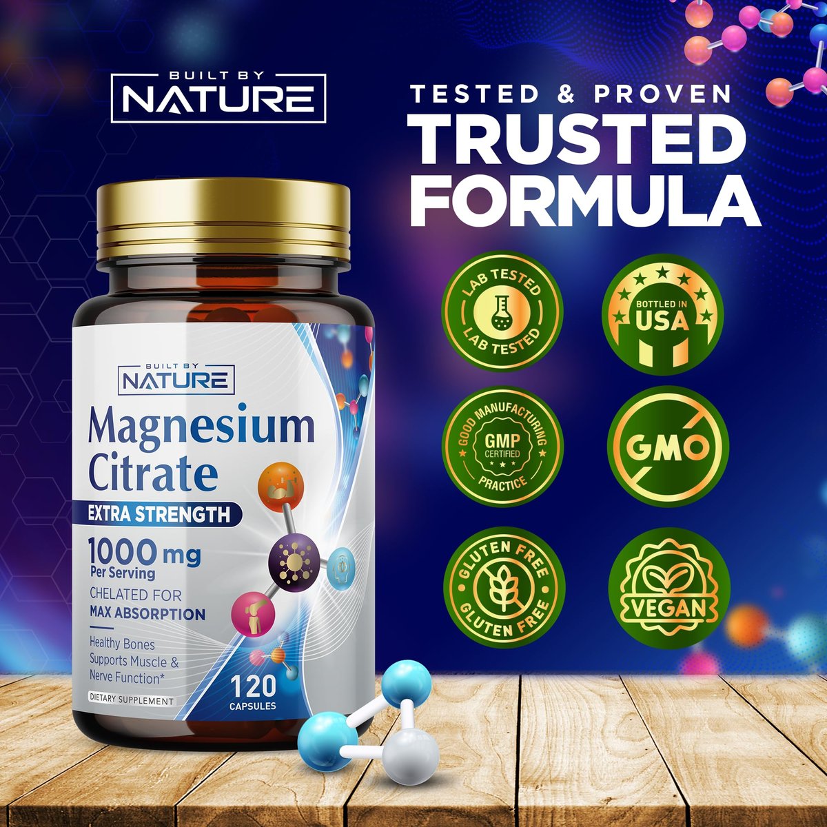 Magnesiumcitrat 1000mg – Hochdosiertes Magnesiumkomplex für Herz, Muskeln, Nerven, Knochen & Stressabbau – Non-GMO, Glutenfrei – 120 vegane Kapseln